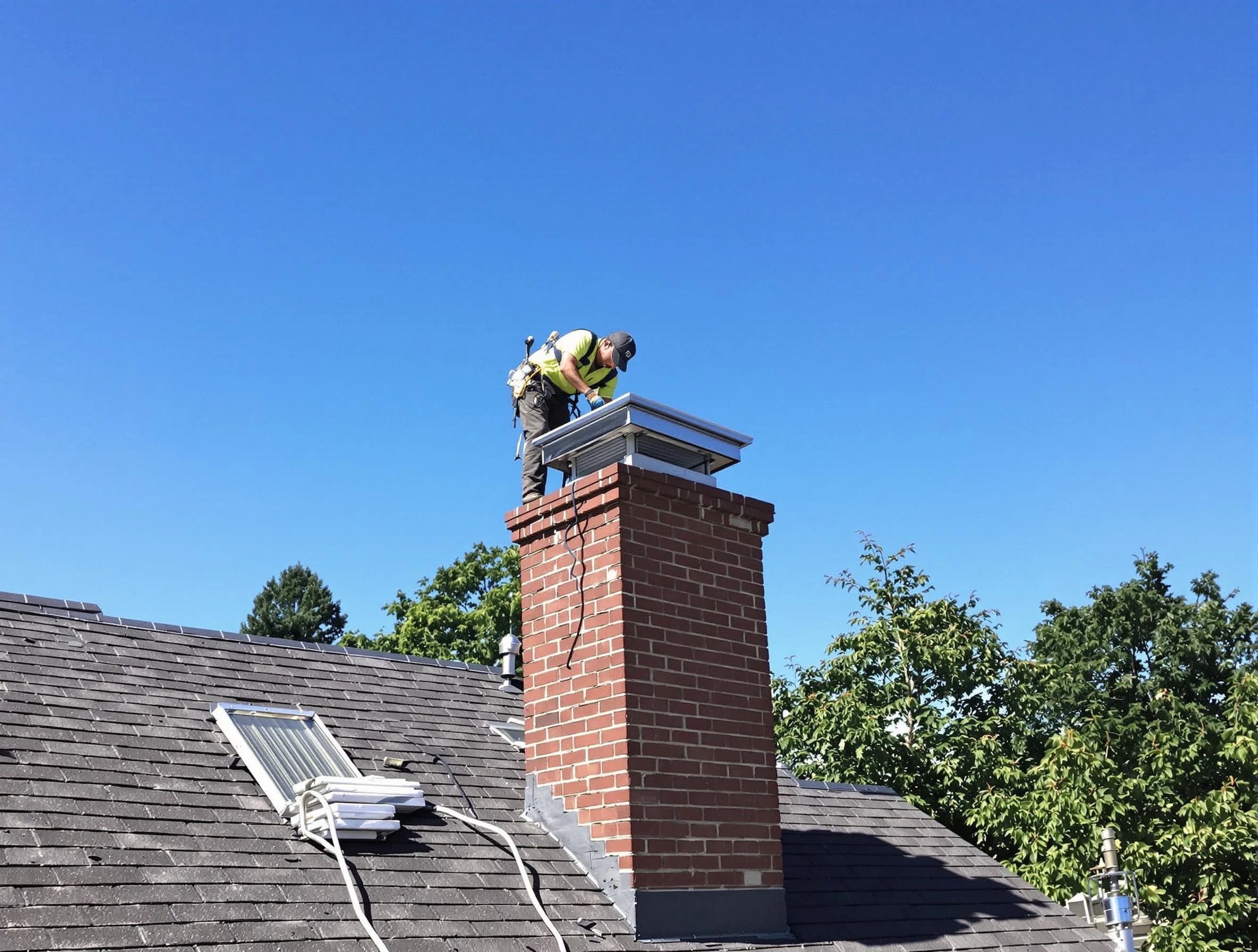 Roselle Chimney Sweep technician measuring a chimney cap in Roselle, NJ